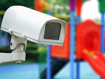Close up view of a security camera at a school 