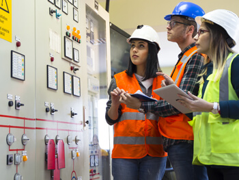 Three commercial electricians reviewing an electrical system at a client facility